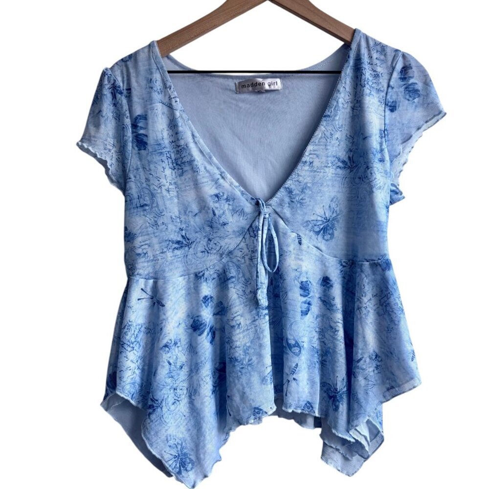 Whimsical Babydoll Tie Front V-Neck Top Asymmetrical Hem Y2k Madden Girl